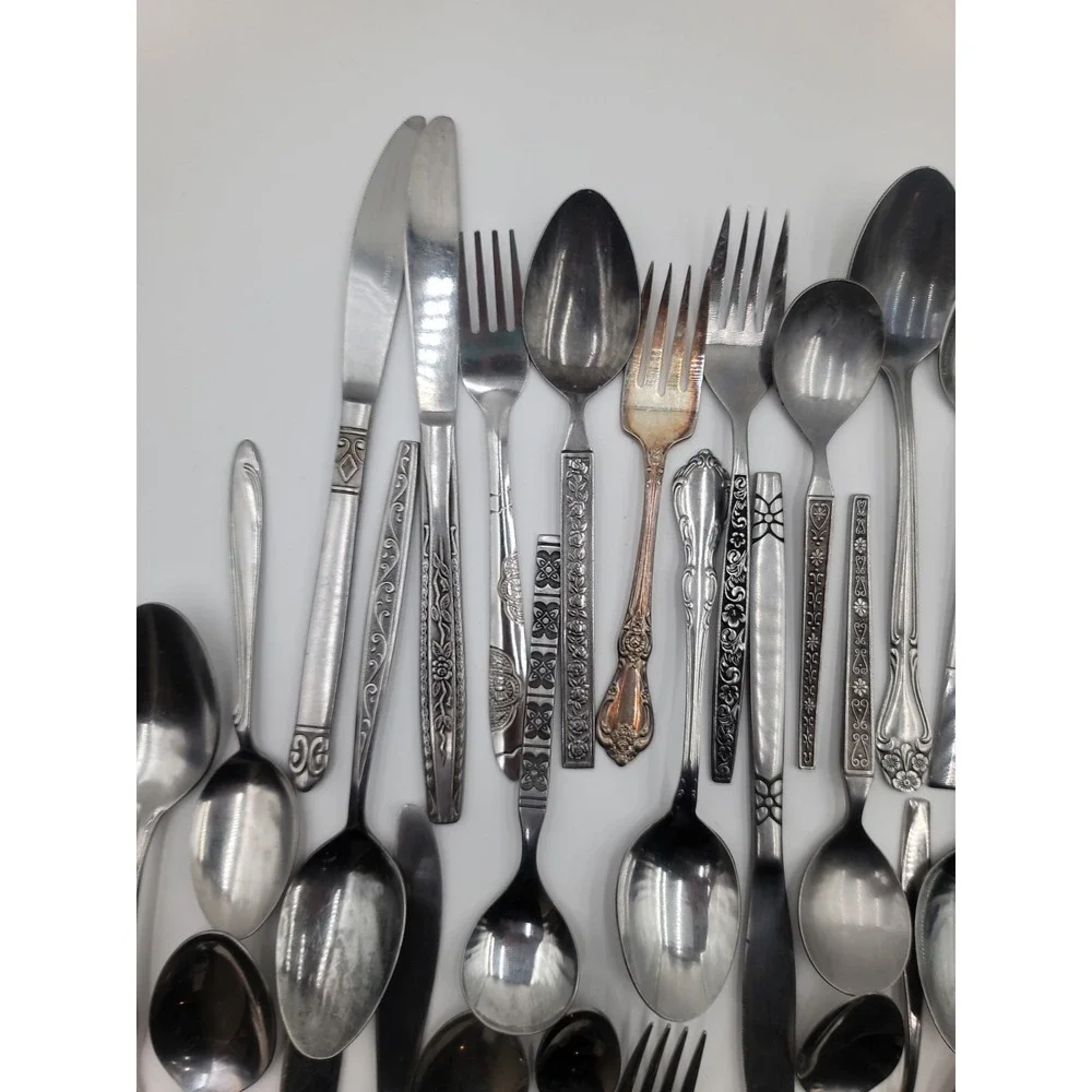 76pc Mixed Stainless Flatware Lot Floral Mismatched Bulk Silverware Crafts